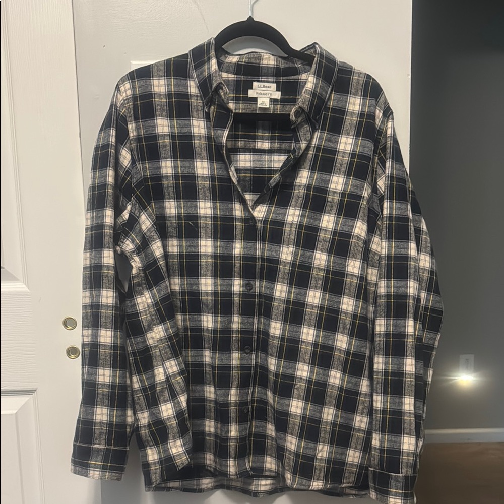 L.L. Bean Blue Cross and White Plaid Button Down Flannel Shirt